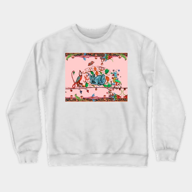 WEIRD MEDIEVAL BESTIARY HUNTER CAT, KNIGHT BIRD AND FALCON MONK IN PINK Crewneck Sweatshirt by BulganLumini